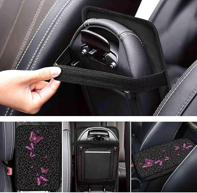 Pink Butterfly Leopard Print Soft Armrest Seat Box Cover Car Armrest Cushion Car Decor Protective Car Accessories Fit for Most Cars, Vehicles, SUVs