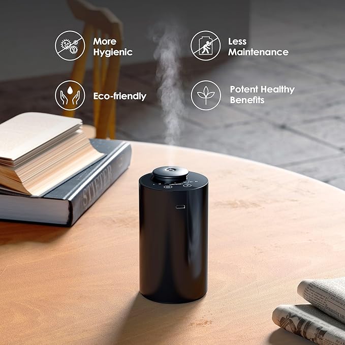Airversa Waterless Essential Oil Diffuser Starter Kit with 2x20mL Hotel Fragrance Oils for Car Home Office, Cordless Battery Operated Scent Air Cool Mist Diffuser, Mist & Timers, AN6Kit-B Black