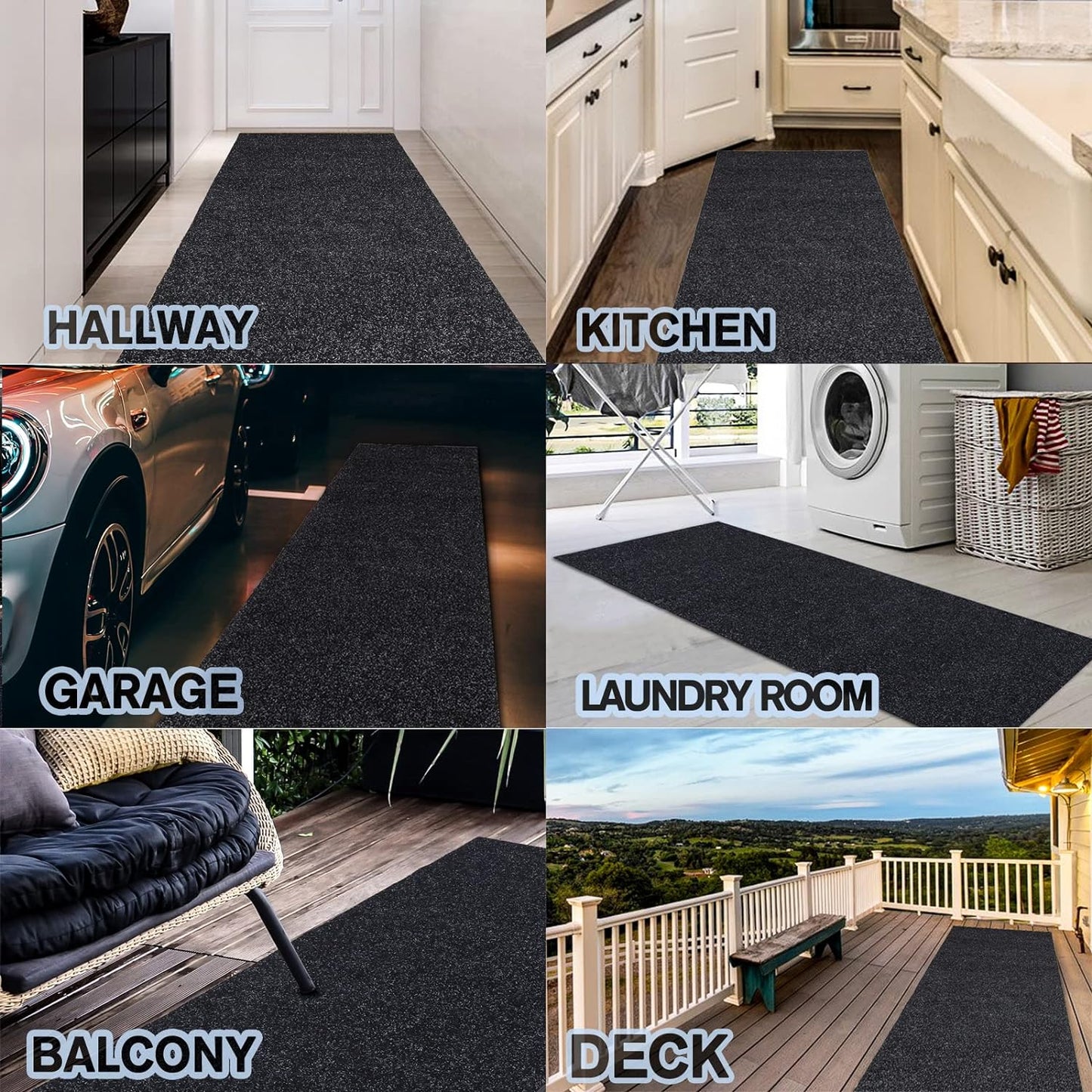 Custom Size Backed Non-Slip Area Rugs Runner, Easy Clean, Waterproof Runner Rugs for Hallway Entryway, Kitchen, Laundry, 3FT x 17FT, Black