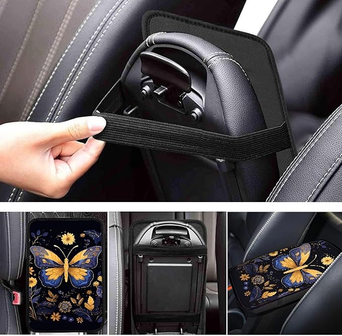 UNICEU Car Accessories Soft Comfy Armrest Cover Pad, Trippy Floral Butterfly Neoprene Car Center Console Armrest Protector Cover Universal Fit Trucks SUV Van