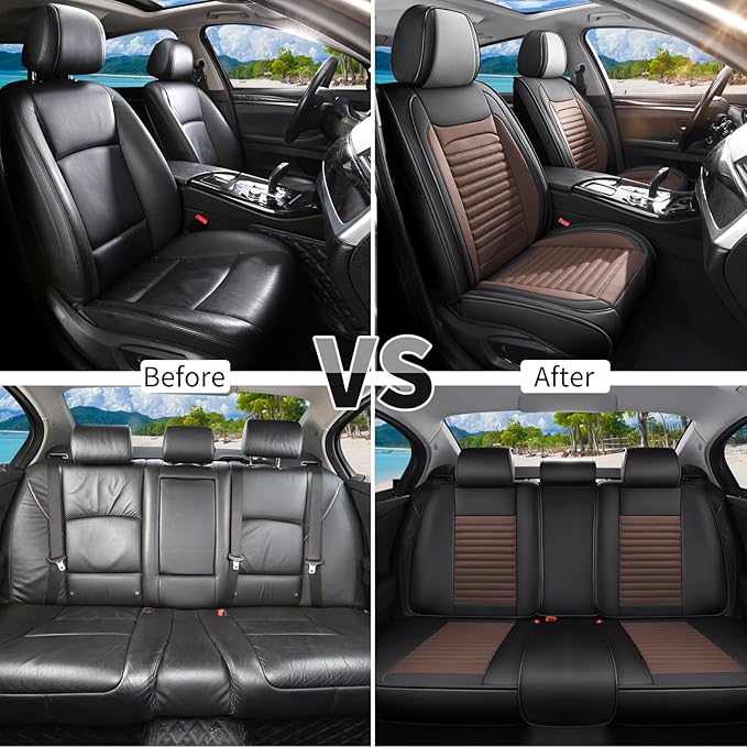 Truck Seat Covers Full Set Fit for Toyota Tacoma 2001-2025, Premium Faux Leather Car Seat Protector,Breathable Anti-Slip Full Wrapping Edge Seat Covers(Black&Brown,Full Set)
