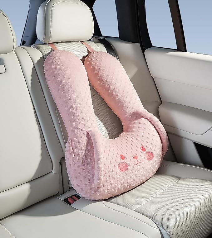 BEBAS U-Shaped Kids Travel Pillow for Car - Comfortable Neck and Head Support Pillow for Sleeping on Long Trips, Cute Cartoon Design, Ideal for Car Seats, Booster and Home Use, Great Gift Idea(Pink)