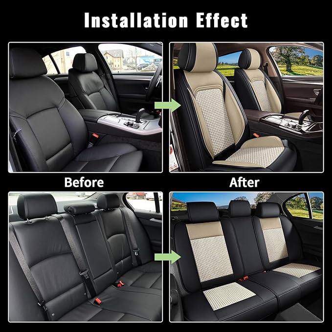 Car Seat Covers Full Set for Toyota Avalon 2001-2025 2026 - Breathable Cooling Ice Silk Leather Seat Cover - 5 Seats for Toyota Avalon Accessories (Black&Beige)