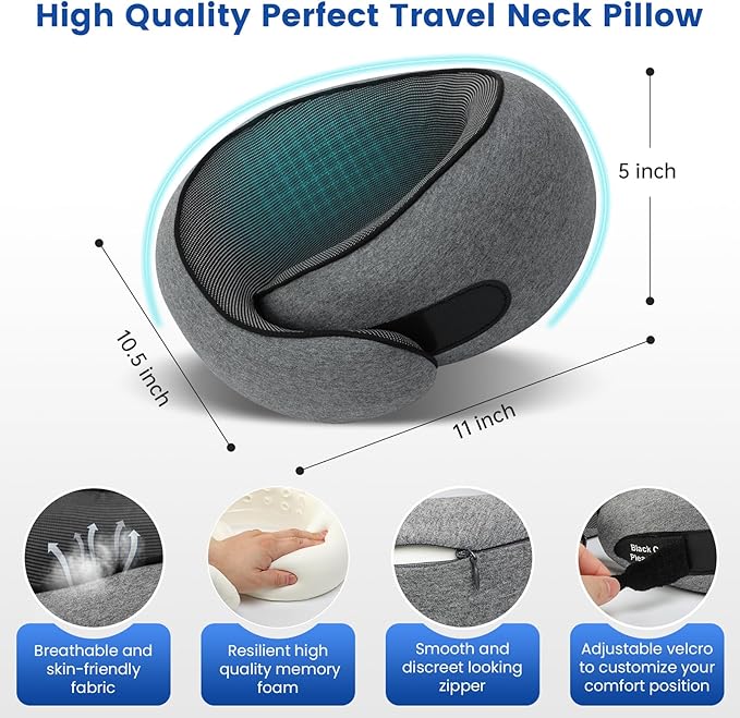 Travel Pillow Memory Foam Neck Pillow for Airplanes Long Flight Comfort 360ยฐ Support Airplane Pillow Design for Car Rides, and Home Use Travel Essentials, with Eye Mask, Earplugs and Storage Bag Large