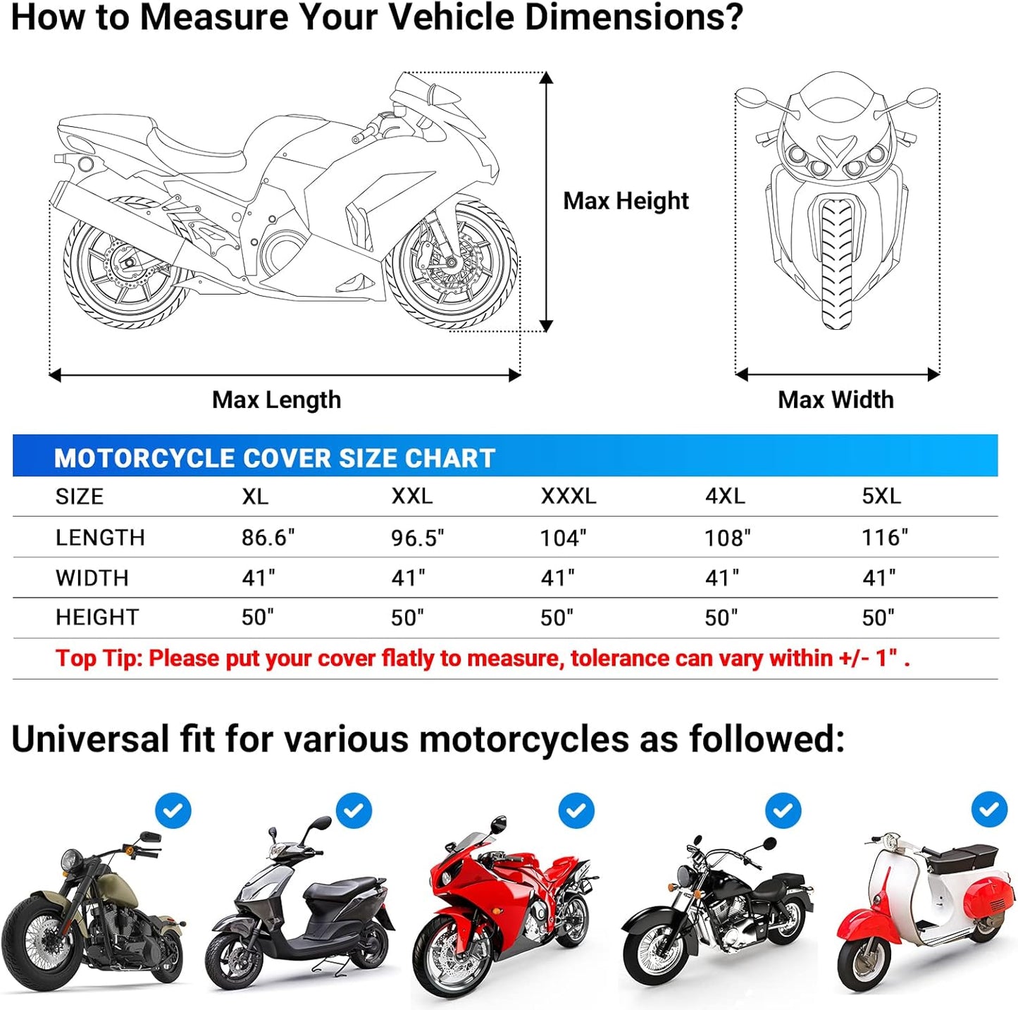 Favoto Motorcycle Cover Waterproof Outdoor - 116 inches Length All Season Universal Weather Sun Protection Night Reflector with Lock-Holes & Storage Bag Motorbike Vehicle Cover