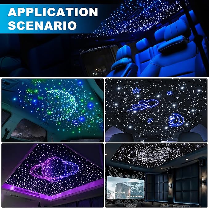 Split 4 Colors 12W Car Starlight Headliner Kit 860pcs*0.02in*9.8ft with APP&RF Remote,RGBW Fiber Optic Strands Star Roof Lights,4 Port Engine Sound Activated Star Ceiling Lights for Car/Home Decor
