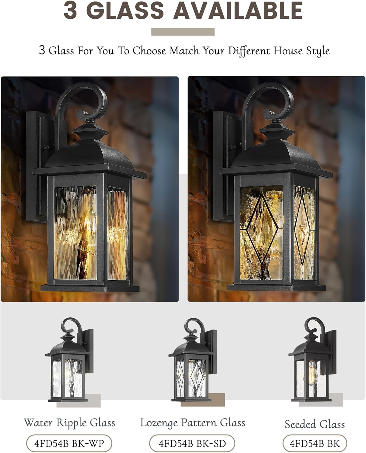 FEMILA 2 Packs Outdoor Waterproof Wall Lights Fixture, 15" Wall Lantern for Porch, Anti-Rust Matte Black Finish with Water Ripple Glass,4FD54B-2PK BK-WP