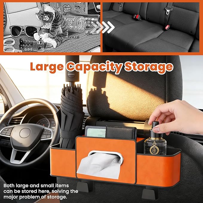 Multifunctional 3‑in‑1 Car Seat Back Storage Box Organizer with Cup Holders, Tissue Box Slot & Headrest Hooks – Backseat Car Organizer for Phones, Snacks, Drinks, Bags, Travel Storage (White)