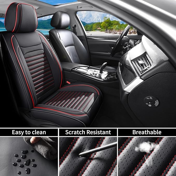 Truck Seat Covers Full Set Fit for Toyota Tacoma 2001-2026, Premium Faux Leather Car Seat Protector,Breathable Anti-Slip Full Wrapping Edge Seat Covers(Black&Red,Full Set)