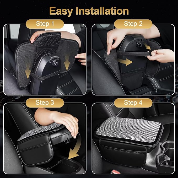Bling Center Console Cover Fit for Toyota Camry with 2 Storage Bags Fully Diamond-Studded Style Center Console Armrest Cover with Total Protection(Silver Diamond)
