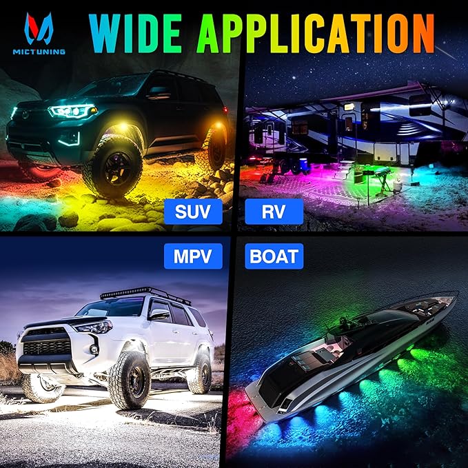 MICTUNING C2+ RGB+IC Rock Lights - 12 Pods Dynamic Chasing Color Underglow Neon Kit, Extensible to 24 Pods, Bluetooth APP Control & IP68 Waterproof, for Trucks Cars ATV UTV Golf Cart (2 Year Warranty)