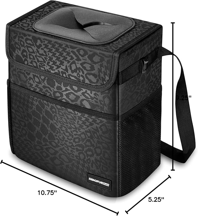 SIBOFUEGO Cute Car Trash Can with Lid โ Multipurpose Collapsible Trash Bin for Car, Leak-Proof Organizer, Waterproof Garbage Can with Storage Pockets & Adjustable Straps, 2 Gallons (Black Leopard)
