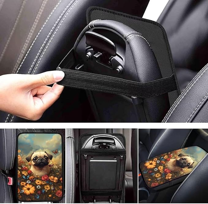 Suobstales Pug Dog Print Car Armrest Pad Soft Center Console Arm Rest Protector Cover Butterfly Daisy Flower Design Universal Car Interior Accessories Decoration
