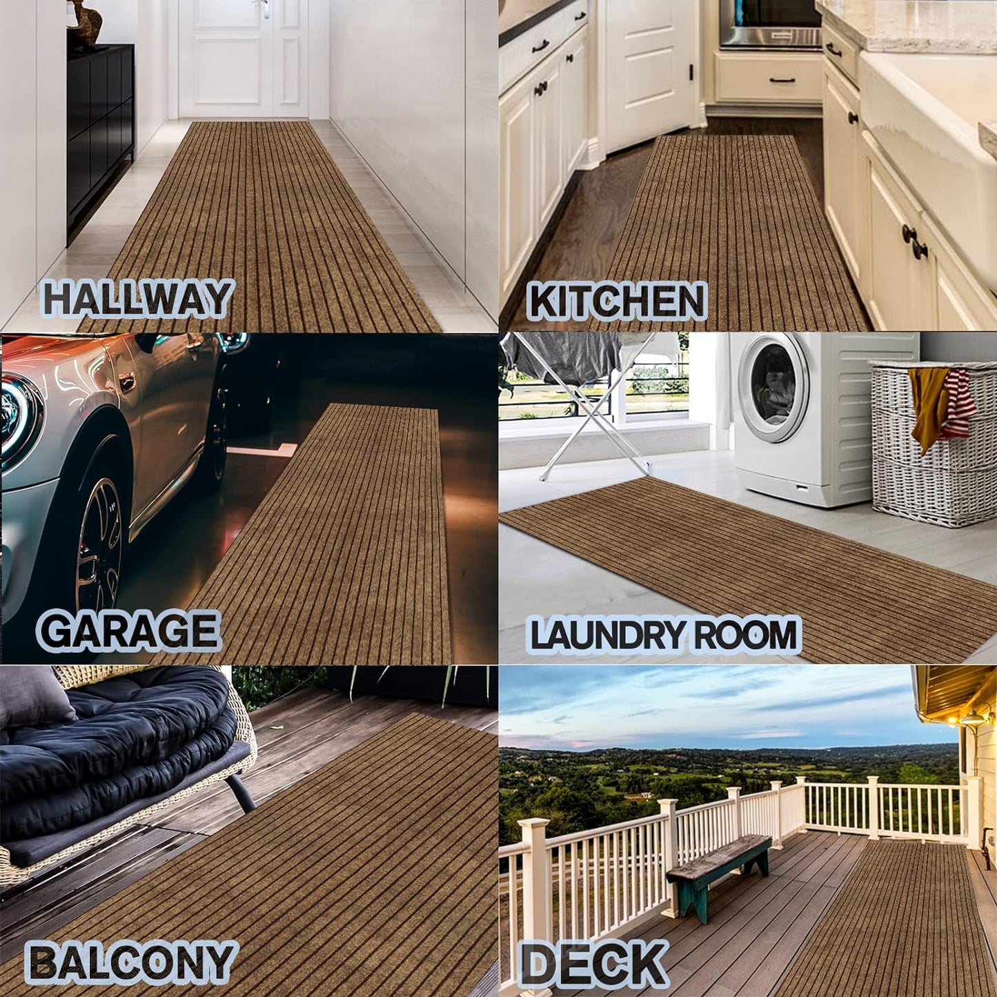 Custom Size Backed Non-Slip Area Rugs Runner, Easy Clean, Waterproof Runner Rugs for Hallway Entryway, Kitchen, Laundry, 2FT x 53FT, Brown Stripe