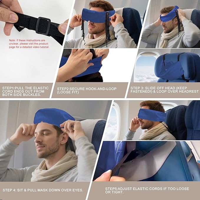 Travel Pillows for Airplanes, Airplane Head Strap with Silk Eye Mask for Sleeping, Long Flights & Car Road Trips 360°Headrest Neck Support, Stops Bobbing, Small & Compact(Blue)