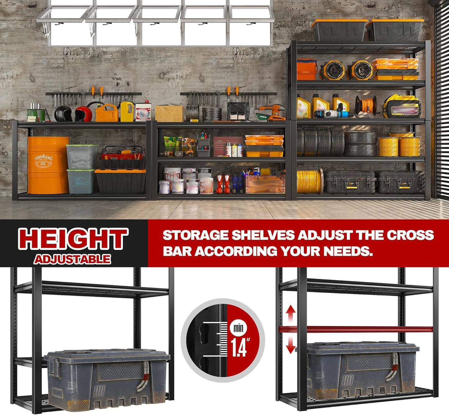 REIBII 48" W Garage Shelving Heavy Duty Load 2500LBS, 5 Tier Storage Shelves, Adjustable Metal Shelves for Warehouse, Pantry, Basement, 48" W X 72" H X18 D, 2PC