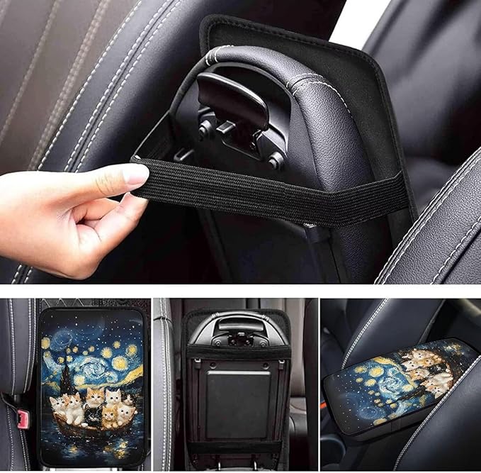 Auto Center Console Pad Oil Painting Starry Sky Cats Car Armrest Cushion Covers, Protect from Pet Claws, Dirt, and Sticky Fingers