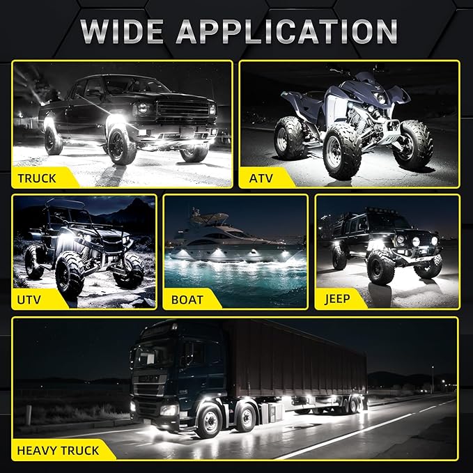 16 Pods Alloy Pure White LED Rock Lights for Semi Trucks Trailer Pickup Offroad, Plug and Play with Pre Wired Harness&Switch, 384-LEDs 6500K Aluminum Metal Underglow Kit 12V Waterproof Shockproof