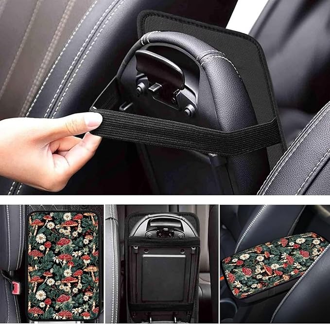 UNICEU Mushroom Daisy Print Car Decorative Armrest Cover Pad Soft Neoprene Car Center Console Armrest Cover Universal Fit Trucks SUV Van