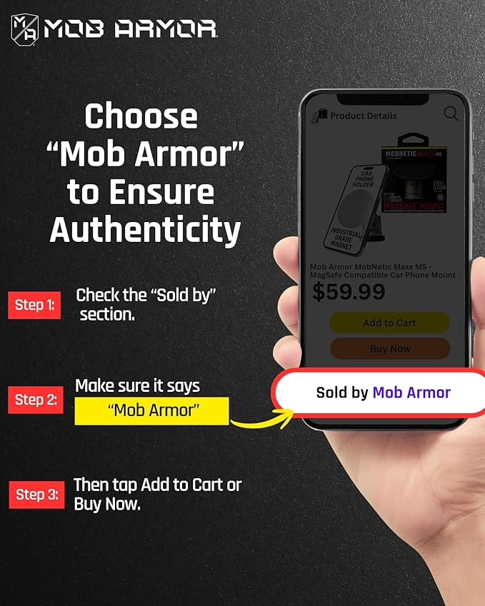 Mob Armor MobNetic Maxx MS - MagSafe Compatible Car Phone Mount w/ 90º Tilt, 360º Rotation & Durable Aluminum Build, Magnetic Holder for iPhone & Android Devices, USA Assembled - Black Chrome