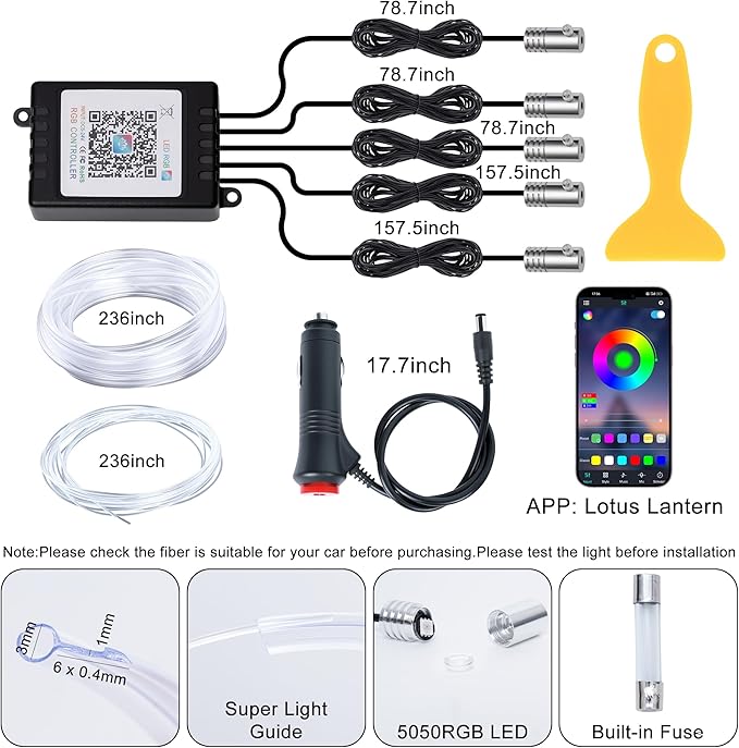 LED Lights for Car Interior - 5 in 1 Wireless Ambient Lighting Kit with 236" Fiber Optic, 16 Million Colors, APP Music Sync - Car Neon Lights for Cars, Trucks, SUVs(Cigarette)