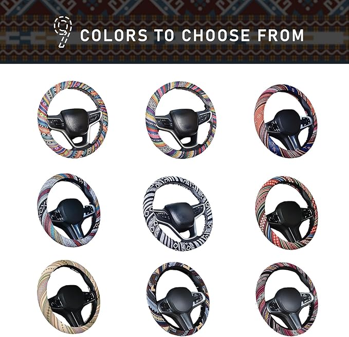 Boho Steering Wheel Cover, 15.0"×15.0" Anti-Slip Baja Blanket Ethnic Steering Wheel Protector, Breathable Flax Cloth Elastic Bohemian Steering Wheel Cover, Car Accessories (Style G)