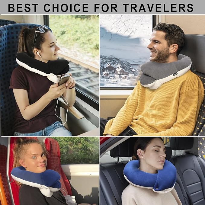 BUYUE Travel Neck Pillows for Airplanes, 360° Head Support Sleep for Long Flight, Skin-Friendly & Breathable, Kit with 3D Contoured Eye Mask, Earplugs and Storage Bag (Adult, Black, 90+ lbs)
