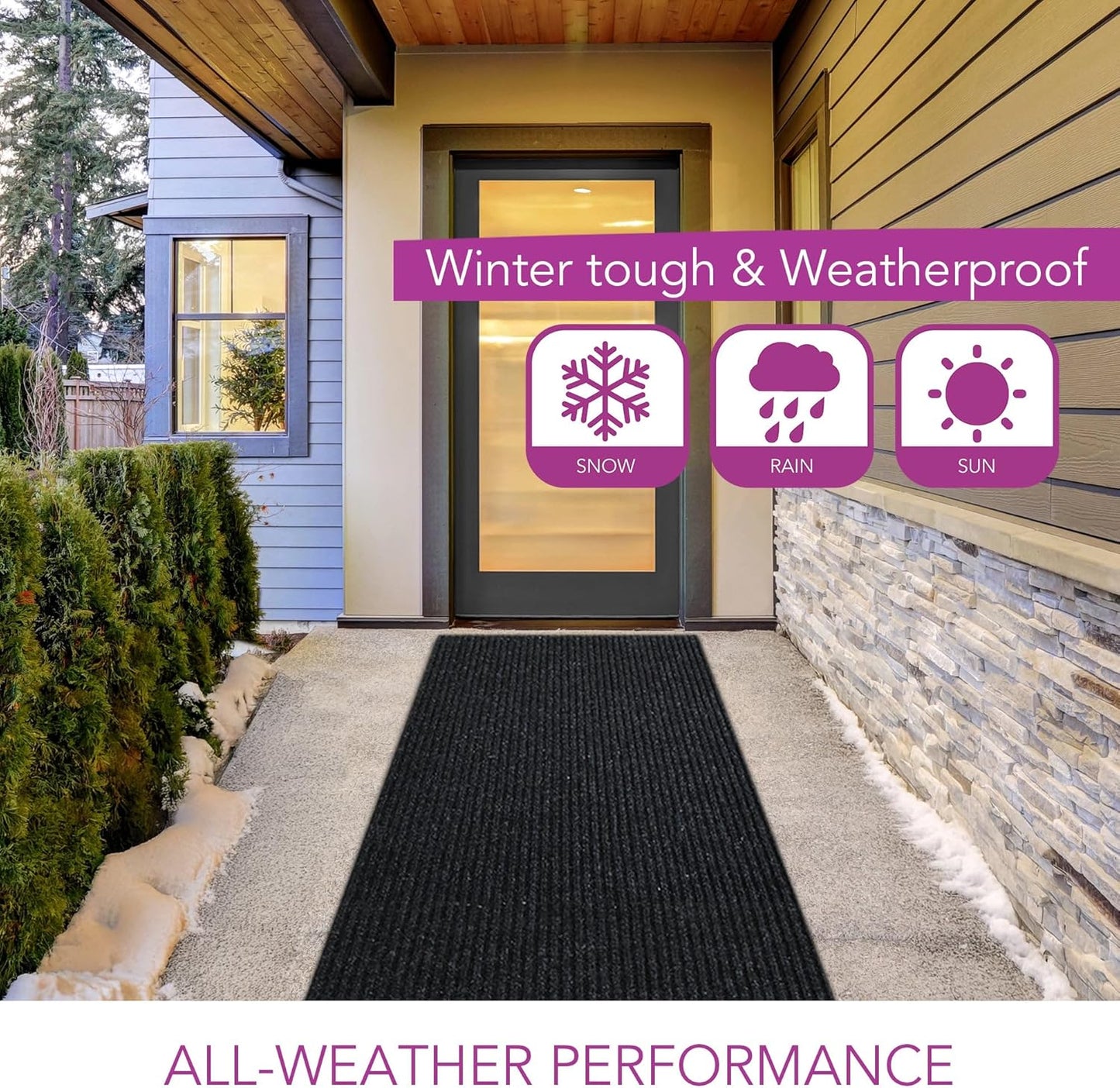iCustomRug Spartan Weather Warrior Indoor/Outdoor Utility Ribbed Carpet Runner with Non-Slip Thermoplastic Rubber Backing, 28in X 76ft in Black