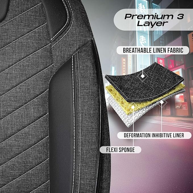 Premium Car Seat Covers Front Seat - Linen Car Seat Cover for SUV, Cars, Most Pickups, Black-Grey Stitching, Car Seat Protector, Car Seat Covers Front Seats, Car Seat Protector