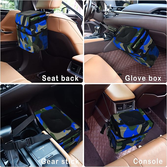 SIBOFUEGO Cute Car Trash Can with Lid โ Multipurpose Collapsible Trash Bin for Car, Leak-Proof Organizer, Waterproof Garbage Can with Storage Pockets & Adjustable Straps, 2 Gallons (Camo Blue)