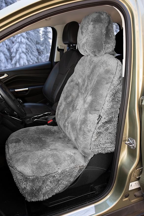 ZONETECH Sheepskin Seat Covers Fuzzy Car Seat Covers Grey Australian Merino Wool Fluffy Fur Auto Accessories All Season Protection for Your Seats Universal Fits Most Car SUV Airbag Compatible