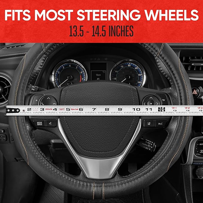 Motor Trend GripDrive Faux Black Leather Steering Wheel Cover for Car Truck Van SUV, Small 14 inch Size, Red Accent Stitched Car Steering Wheel Cover Vehicle & Auto Accessories