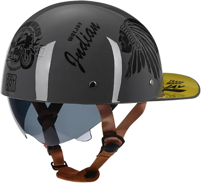 Vintage Retro Open Face Motorcycle Helmet Baseball Cap Half Helmets with pull-down Lens for Men Women Moped Cap Jet Scooter Street Cruiser - DOT Certified (Indian-Gray,X-Large)