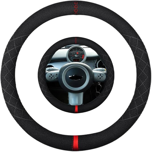 Suede Steering Wheel Cover,Compatible with Mini Cooper 2004-2007 Suede Leather Sport Non-Slip Wheel Cover Car Interior Accessories 14-14 1/4 inch for Man and Women