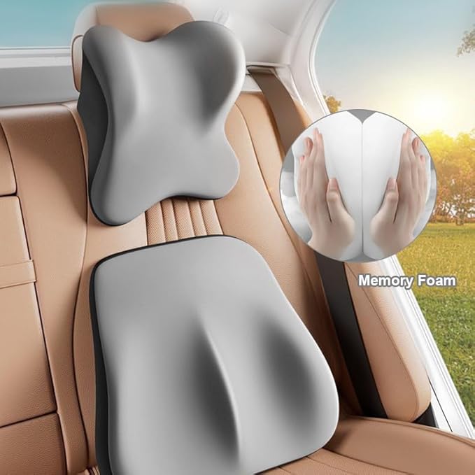 Car Headrest and Lumbar Support Cushion, Car Lumbar Support Pillow Car Neck Pillow Kit, Ergonomic Car Seat Headrest Pillow Lumbar Cushion with Adjustable Strap for Neck Back Pain Relief (Black)