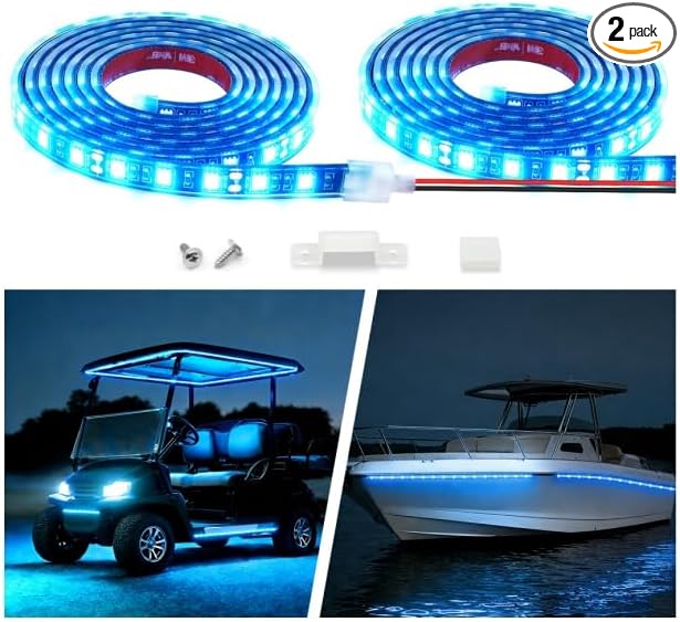 12V Marine Boat LED Light Strip Super Bright, 2 Pack 2FT IP68 Fully Waterproof RV Front Cap Lights, Golf Cart Underglow Roof Lights Strip for Truck ATV UTV SUV Car Pickup Trailer, Cuttable, Blue