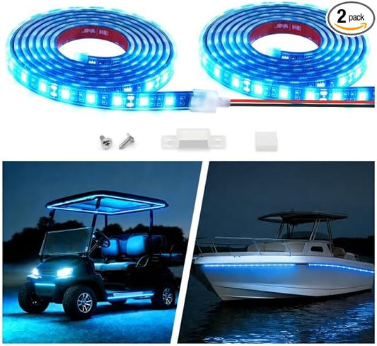 12V Marine Boat LED Light Strip Super Bright, 2 Pack 2FT IP68 Fully Waterproof RV Front Cap Lights, Golf Cart Underglow Roof Lights Strip for Truck ATV UTV SUV Car Pickup Trailer, Cuttable, Blue