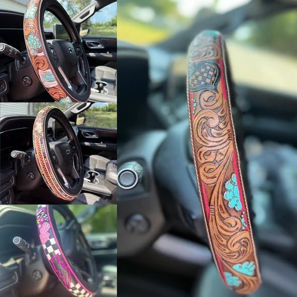 Western Steering Wheel Cover, Color Printed Embossed Hand-Painted Leather Western car Parts, for Women Man, Anti-Slip Design Easy to Install, for Trucks SUVs Cars (Style 3)