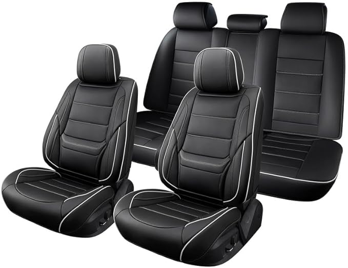 Car Seat Covers Full Set Custom Fit for Ford Edge 2007-2025 2026-Luxury Leather with Lumbar Support, Breathable, Waterproof, Anti-Slip, Durable, Easy to Install (Black&White,Full Set)