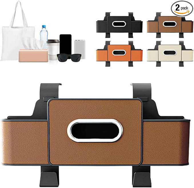 Back Seat Car Organizer,3 in 1 Car Backseat Storage Box with Cup Holder,Tissue Box,Trash Bin&Hooks,Multifunctional Waterproof Storage for Hold Phones Snacks Drinks Handbags (2, Brown)