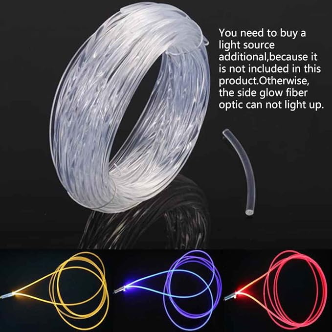 10ft Super Bright MMA Plastic Optic Fiber Side Glow - LED Light Source Soft Optical Fiber Light Guide Strip