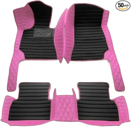 Custom Floor Mats for Cars，Luxury Full Coverage All Weather Car Floor Mats，Leather Car Mat Set ， Floor Mats for 99% of Cars, Trucks & SUVs (Edge Pink Diamond with Black Stripes in The Center)