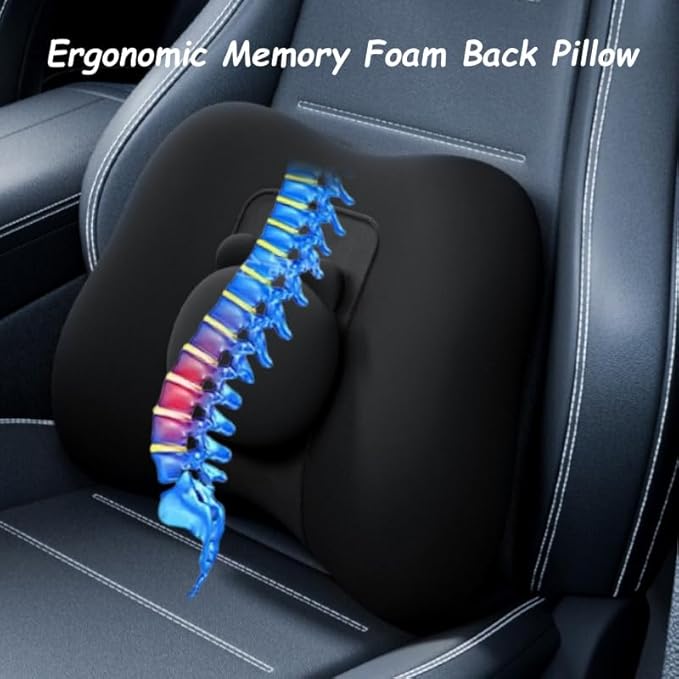 Car Lumbar Support and Neck Pillow for Driving Seat, Memory Foam Car Back Support Pillow & Headrest for Improve Posture, Driver Back Neck Sciatica Pain Relief Cushion (Grey)