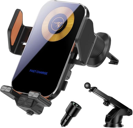 Wireless Car Charger,15W/10W/7.5W Fast Charging Auto-Clamping Car Charger with Phone Holder for iPhone 17/16/15/14/13/12/11 Pro Max, Samsung Galaxy S23/S22/S21 Ultra