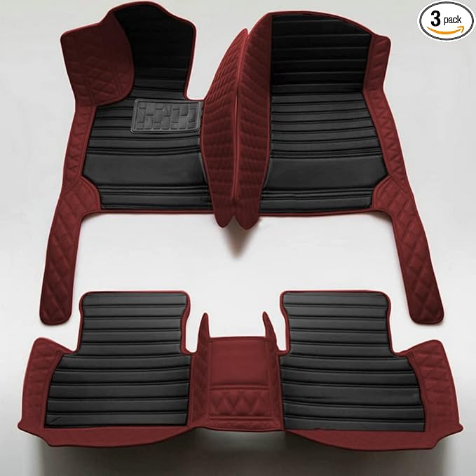 KaiLaiCarCustom Automotive Car Floor Mats for 99.99% Sedan SUV Sports Car Men Women Protection Full Coverage Pads Anti-Slip Leather Floor Lining (Wine red Diamond + Black Strip, D- Diamond + Strip)