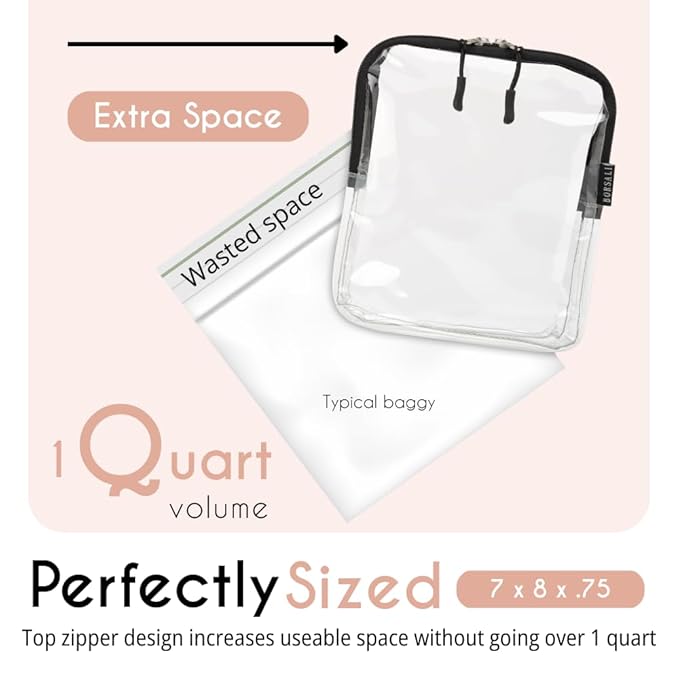 BORSALI TSA Approved Toiletry Bag - Clear Quart Size for 3-1-1 LIquids for Carry On Travel - Toiletries Organizer - Cosmetic Pouch with Zipper - Travel Accessories - White
