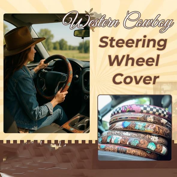Western Steering Wheel Cover, Color Printed Embossed Hand-Painted Leather Western car Parts, for Women Man, Anti-Slip Design Easy to Install, for Trucks SUVs Cars (Style 1)