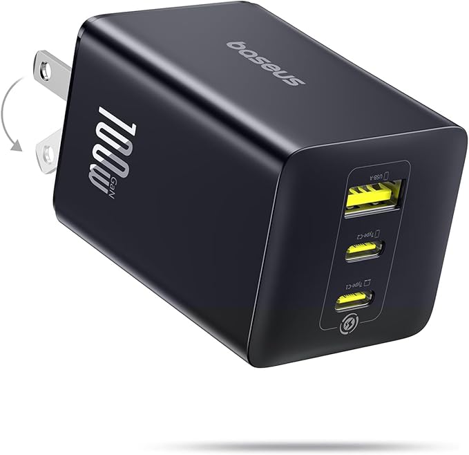 Baseus 100W USB C Charger Block, 3-Port Foldable Compact PPS Wall Charger, Fast Charging Power Adapter for MacBook Pro/Air, iPad, iPhone 17 Pro Max/Air, Galaxy S24, Steam Deck & More