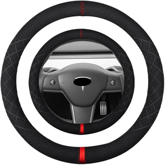 15 inch Suede Steering Wheel Cover, Compatible with Tesla Model 3, Y, S, X - Non-Slip Sport Wheel Cover for Men and Women