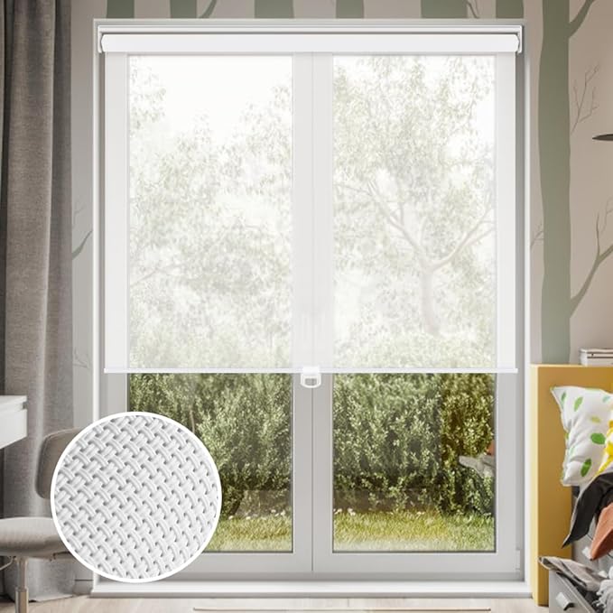 LUCKUP Light Filtering Roller Shades for Windows, Cordless Semi Sheer Solar Blinds with 5% Openness Free-Stop Window Shades for Home & Office, White 34" W x 72" L